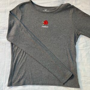 Hollister Gray Long Sleeve Top with Rose Embroidery